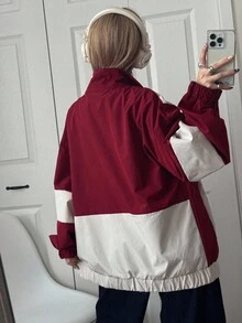 FRIFUL Chaqueta holgada de mujer con bloques de color, ropa de mujer para otoño - Rojo - Ver 6