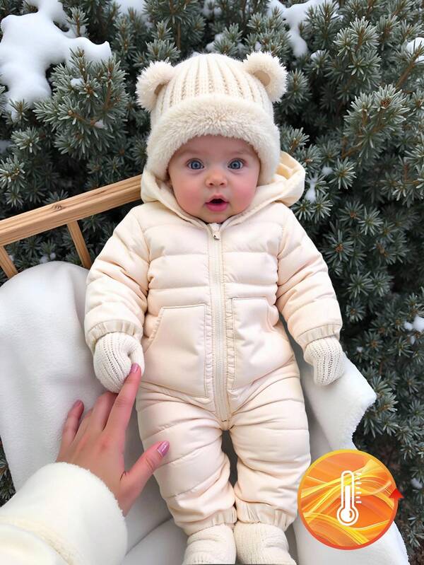 SHEIN Mono con capucha con cremallera frontal, de manga larga y forro polar, para bebés niñas, informal y lindo, para invierno