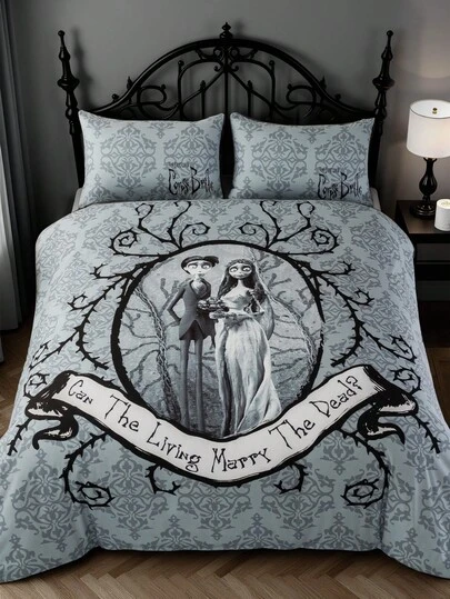 Corpse Bride X SHEIN 3pcs Vintage Cartoon Figure Graphic Duvet Cover Set, Brushed Fabric, Soft & Warm, Black Duvet Cover, Multiple Sizes Fit Twin/Full/Queen/King Bed, Goth