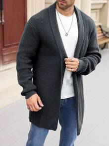 Manfinity Homme 男士休闲纯色长袖开衫，秋冬季百搭单品 - 深灰色 - 查看 6
