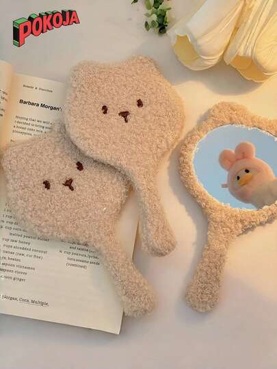 1pc Cute Cartoon Plush Mirror Portable Makeup Mirror Bear-Shaped Handheld Mirror Desktop Dressing Mirror Simple Style Vanity Mirro