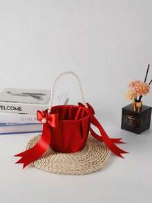 SHEIN 1PC Red Bow Faux Pearl Satin Flower Basket For Wedding Party Decoration New Year Gift Home Decor Bridal Bouquet Centerpiece - Red - View 4