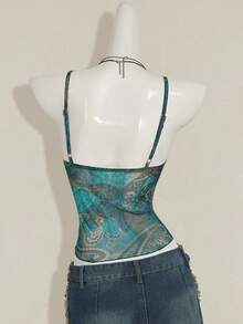 SHEIN ICON Women's Millennial Y2K Sexy Bohemian Retro Teal Paisley Print Asymmetrical Hem Ruffled V-Neck Slim Fit Camisole - Black - View 2