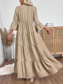 EMERY ROSE Women's Autumn Simple Notched Collar Ruffle Hem Tiered Linen Maxi Dress,Khaki Boho Long Sleeve Casual Vacation Outfits For Party Wedding Guest Chic - Khaki - View 2