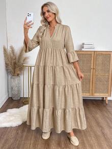 EMERY ROSE Women's Autumn Simple Notched Collar Ruffle Hem Tiered Linen Maxi Dress,Khaki Boho Long Sleeve Casual Vacation Outfits For Party Wedding Guest Chic - Khaki - View 6