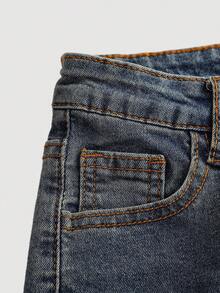 SHEIN Girlism 青少年女孩 Y2K 2000 年代复古石洗牛仔喇叭裤，女孩秋季服装返校街头服饰 - 深色水洗藍 - 查看 4