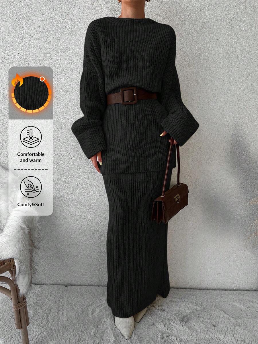 EURMUSE Conjunto De Suéter De Dos Piezas De Color Liso Para Mujer Sin Cinturón - Negro - Ver 1