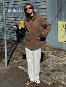 DAZY Women's Autumn/Winter Lapel Patchwork Large Pocket Woolen Coat Jacket - Coffee Brown - View 5