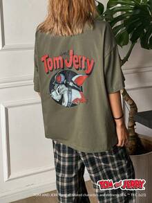 TOM AND JERRY X DAZY Casual Letter Decor Graphic Print Top And Plaid Loose Fit Sleepwear Pants Set Pajama - Green - View 6