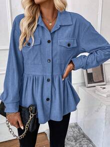 SHEIN LUNE Casual Solid Color Corduroy Regular Jacket, Autumn - Blue - View 3
