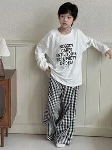 DAZY 青少年男孩标语印花长袖上衣和格子裤睡衣套装 - 黑與白 - 查看 1