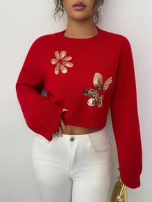 Selianne Women's Fashionable Casual Round Neck Gold Sequin Floral Short Pullover Shiny Sweater, Suitable For Christmas And New Year - Red - View 4