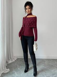 Elenzga Femmes Élégant Doux Perles Épaules Dénudées Col Roulé Chandail Avec Design Écharpe Drapée, Convient Pour Noël, Nouvel An, Cadeaux d'Action de Grâce, Automne/Hiver - Rouge foncé - Voir 6