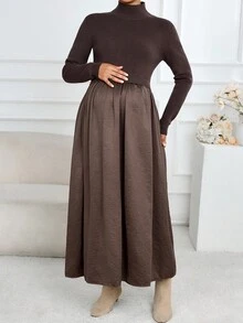 SHEIN 孕妇百褶休闲针织长袖高领连衣裙，秋季 - 咖啡棕 - 查看 3