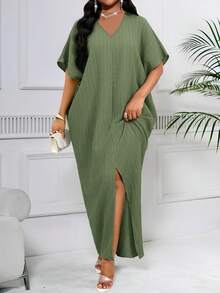 SHEIN Lady 春夏休闲绿色亚麻编织开衩蝙蝠袖中长连衣裙，大码连衣裙，适合度假、海滩、婚礼宾客、商务休闲和舞会等场合。