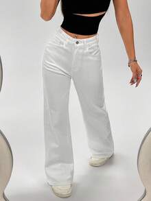 SHEIN ICON Casual Versatile Solid Color Loose Straight Leg White Jeans - White - View 4