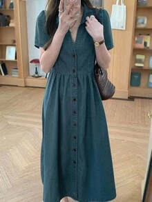 DAZY 女式复古牛仔短袖连衣裙，高腰修身A字长款牛仔连衣裙，春季新款太阳裙 - 中等水洗藍 - 查看 5
