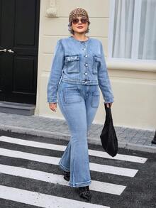 EMERY ROSE Áo khoác denim vừa vặn, cổ điển, thời trang dành cho nữ cỡ lớn - Rửa nhẹ - Xem 5