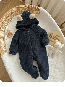 新生男婴可爱蓬松海军蓝卡通印花连帽连体衣 - 藏蓝色 - 查看 5