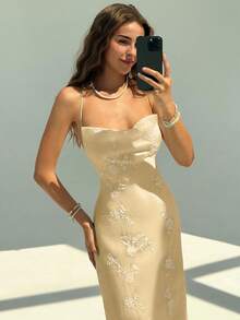 Aloruh 全新复古绿色花卉提花刺绣浪漫度假修身连衣裙，适合海滩度假，薄荷绿茶色长裙 - 杏色 - 查看 5