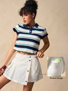 VARSIVA Women's Button Design Asymmetric Hem Sports Mini Skirt - White - View 2