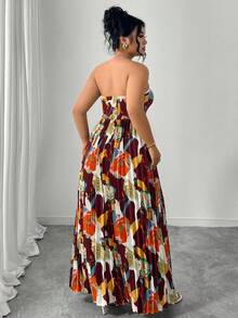 Elenzga 大码女式优雅浪漫数码印花露肩A字连衣裙，夏季度假风 - 酒紅色 - 查看 2