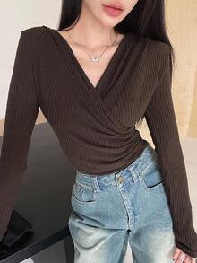 DAZY Women's Warm Fleece Crossed T-Shirt, Fall Clothes Long Sleeve Women Tops, Thermal Lined,Winter