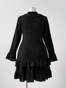 Sunspun Plus Size Women Solid Color Flare Sleeve Ruffle Patchwork Front Tie Fashionable Jacket Fall Winter Cloth For Women Autumn - Black - View 2