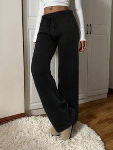 SHEIN EZwear Pantalones de punto casuales y sueltos con cordón en la cintura, unicolor, para otoño/invierno