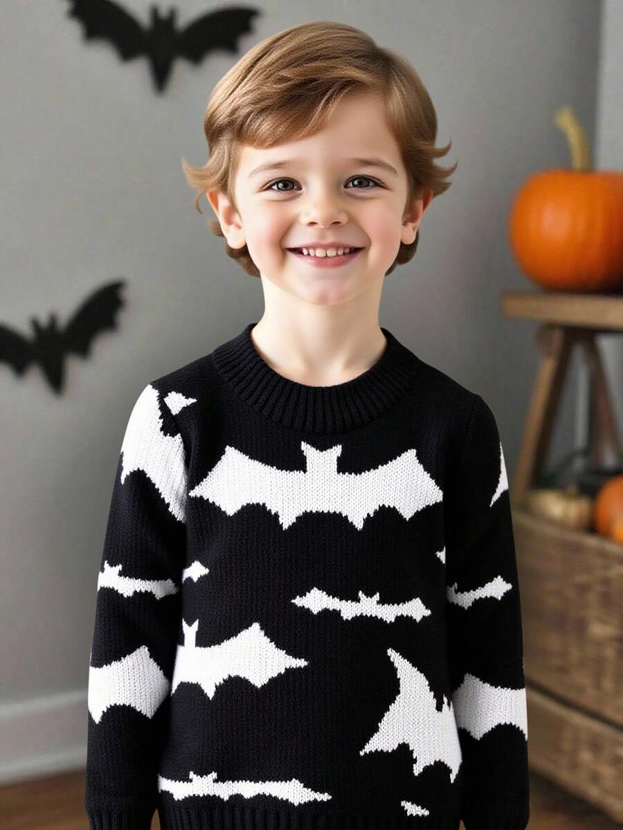 SHEIN Halloween Tween Boy Bat Allover Print Crew Neck Long Sleeve Sweater,Black And White,Autumn,Cute,Matching Family Fall Winter Kids Teen Boys Pullover