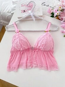 PetitDoll 1 件蕾丝拼布花朵镂空心形装饰无钢圈文胸，甜美可爱前扣式文胸，适合女士 - 粉色 - 查看 6