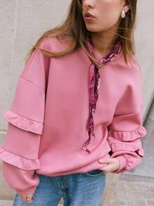 Nöista 粉色宽松运动衫，分层荷叶边袖子，休闲款式，非常适合女性时尚优雅的秋季时尚。 - 紅色 - 查看 6