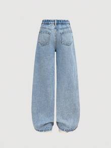 SHEIN 女童粉色爱心刺绣图案蓝色牛仔宽松裤 - 淺色水洗藍 - 查看 3