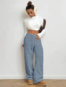 Flirla Quần ống rộng ống rộng dáng rộng thoải mái họa tiết hình học có dây rút eo dành cho nữ - Màu xanh lam - Xem 3