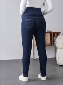 SHEIN Maternity Navy Blue Skinny Jeans For Pregnant Women,Thermal Lined Over The Bump Denim With Stretchy Belly Panel,Smart Casual Autumn Winter Streetwear - Blue - View 2