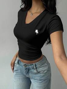 SHEIN BASICS Casual Minimalist Horse Logo Graphic V-Neck Ruched T-Shirt For Women, Suitable For Summer,Black Tops