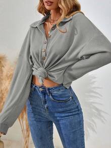 EMERY ROSE Áo thun nữ dáng rộng, cánh dơi, màu trơn, cài nút, mùa thu - Xám - Xem 4