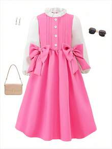 SHEIN Kleine Mädchen Frühling & Herbst Vintage akademischer Stil Gewebe Kleid mit 3D Schleifen Dekor, Rosa; Kleine Mädchen Weiß Langarm Kleid mit Rüschen Saum und Bernstein Knöpfen, geeignet für Schulanfang, süß & elegant für Alltag, Reisen, Fotoshootings und Zusammenkünfte Herbst Winter - Heißes Pink - Übersicht 7