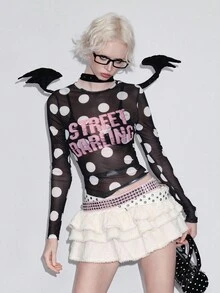 ROMWE Kawaii Y2K Hot Girl 国旗水钻迷彩超低腰荷叶边下摆女式半身裙 - 杏色 - 查看 8