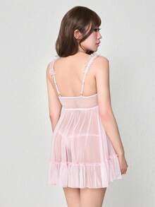 ROMWE Kawaii Sweetheart Sheer Bowknot Ruffled Lace Lingerie Set For Women, Sexy - Pink - View 3