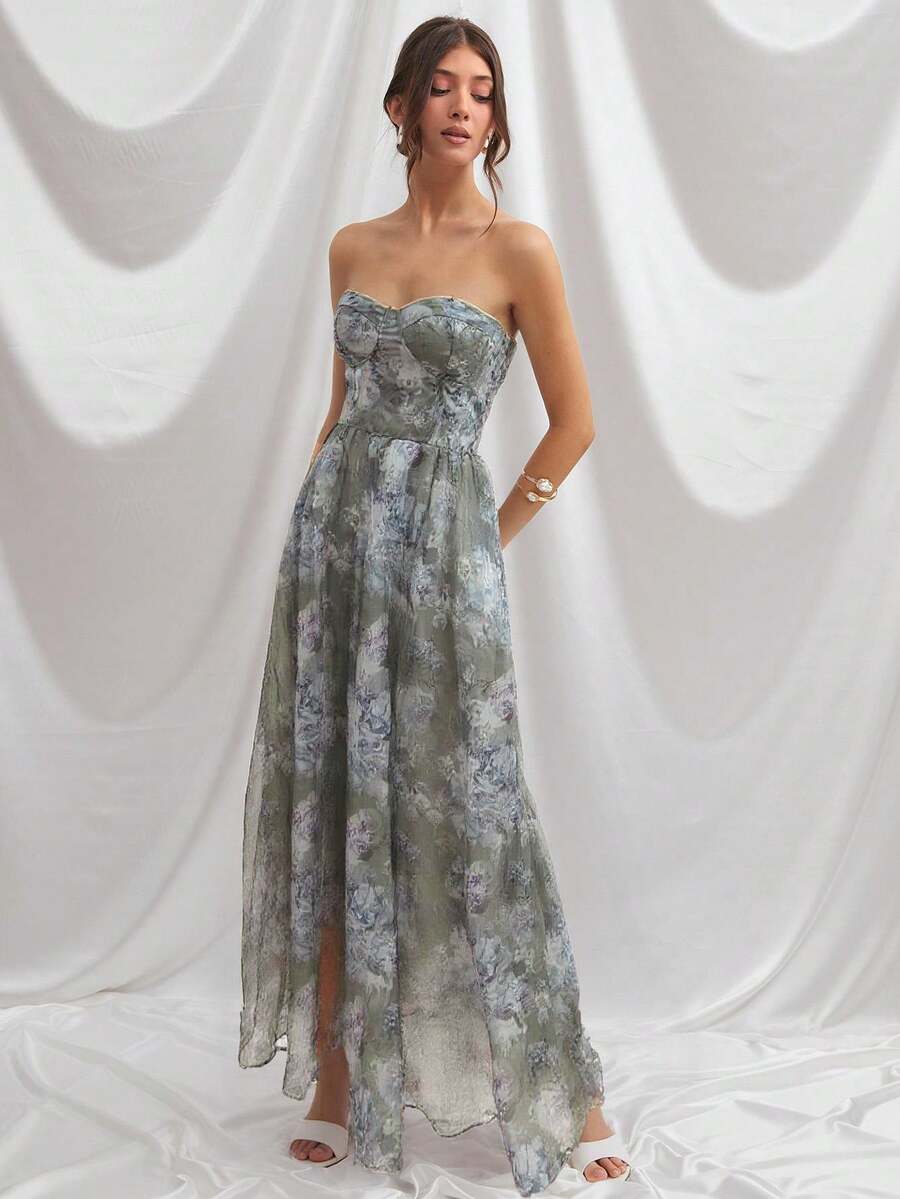 L'Amorae 女款優雅抹胸式胸衣長版管狀洋裝,鼠尾草綠花卉,夏季,優雅,婚禮賓客,薰衣草花卉印花百褶裙襬正式款 - 綠色 - 查看 1