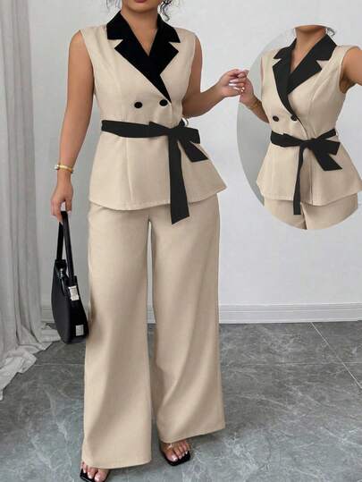 Elenzga Chaqueta delgada de mujer con doble botonadura, cuello de solapa, sin mangas, cintura estilizante, contraste de color, sensación de lino, elegante y versátil, de tela tejida, de talla grande (Colección Kooky Elegance - Vibes de Woe Is Me - Estética del miércoles)