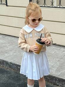 Playful Pals Young Girl Casual Lapel Drop Shoulder Front English Slogan Print Back Snap Button Elastic Waist Long Sleeve Set, Autumn/Winter Fall Clothes - Khaki - View 8