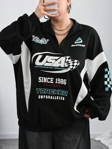 SHEIN CURVE+ 大码女式街头运动服、运动休闲、返校休闲色、秋冬彩色字母印花运动服 - 彩色 - 查看 8