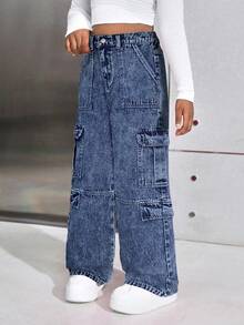 SHEIN 少女Y2K春夏时尚纯色水洗高腰翻盖口袋宽松直筒工装牛仔裤，适合女孩夏季返校街头风、海滩波西米亚风音乐会阔腿裤、锐舞节、毕业典礼等场合，Y2K宽松牛仔裤，水洗牛仔宽松牛仔裤，少女秋冬工装牛仔裤 - 深色水洗藍 - 查看 6