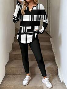 SHEIN LUNE 2pcs/Set Women Geometric Print Long Sleeve T-Shirt And Leggings, Autumn/Winter