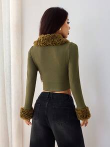 SHEIN PETITE Women's Autumn Patchwork Faux Shearling Collar Zip Front Cropped Slim Fit Lightweight Jacket Winter Tops Women Crop Top Jacket Fur Trim Top Women Crop Jacket Ribbed Crop Top - Army Green - View 2