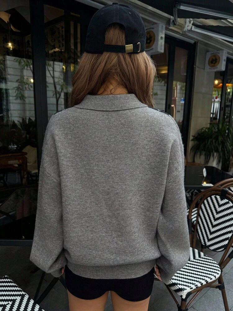 Women's Autumn Loose Knit Sweater With Turndown Collar And Diamond Pattern