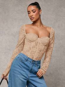 SHEIN BAE 黑色性感蕾丝内衣，迷人的长袖透明紧身衣，适合日常穿着、约会和夜间外出 - 卡其色 - 查看 4