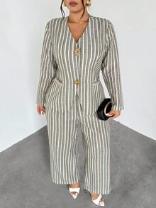 Firerie 大码女式两件套条纹西装、休闲通勤度假装、仿亚麻条纹阔腿裤套装、学校/返校服、乡村音乐会服装、复古风格、教师服装、秋季时尚、乡村音乐节、斯德哥尔摩风格衬衫和裤子套装裤装夏季套装 2 件套休闲套装女式条纹裤套装裤装/金属纽扣装饰西装外套/带口袋、腰部和 A 字型、优雅通勤、办公室女士服装、大码两件套西装 - 彩色 - 查看 6
